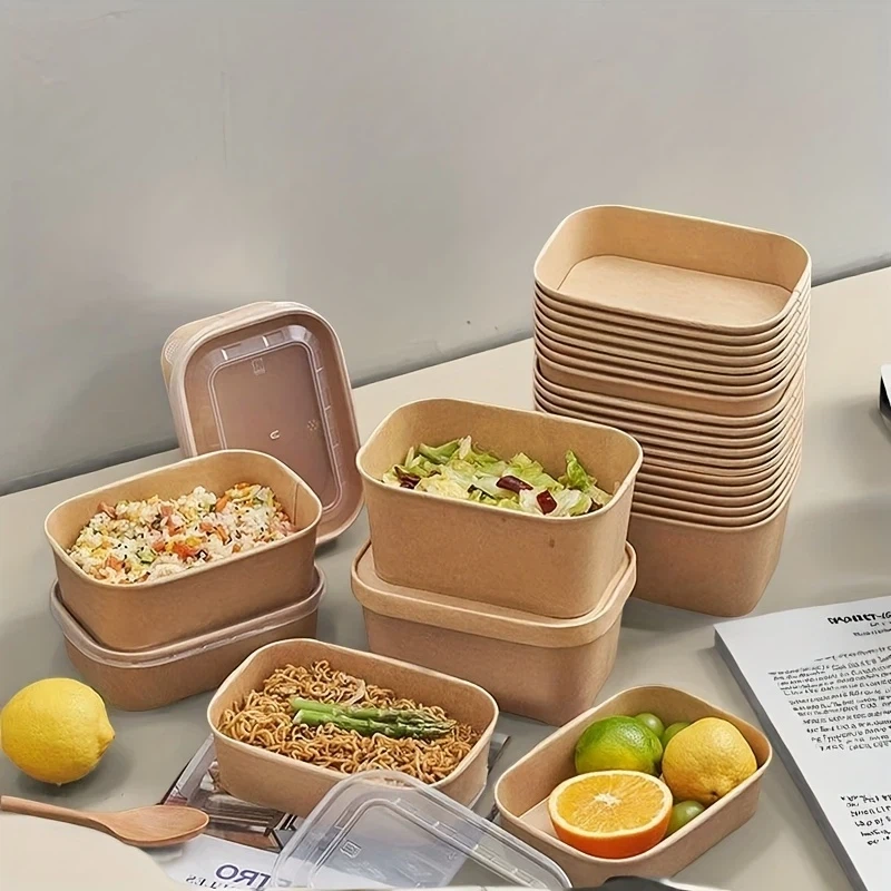1000 ml recycled kraft paper rectangular rice bowl and lid